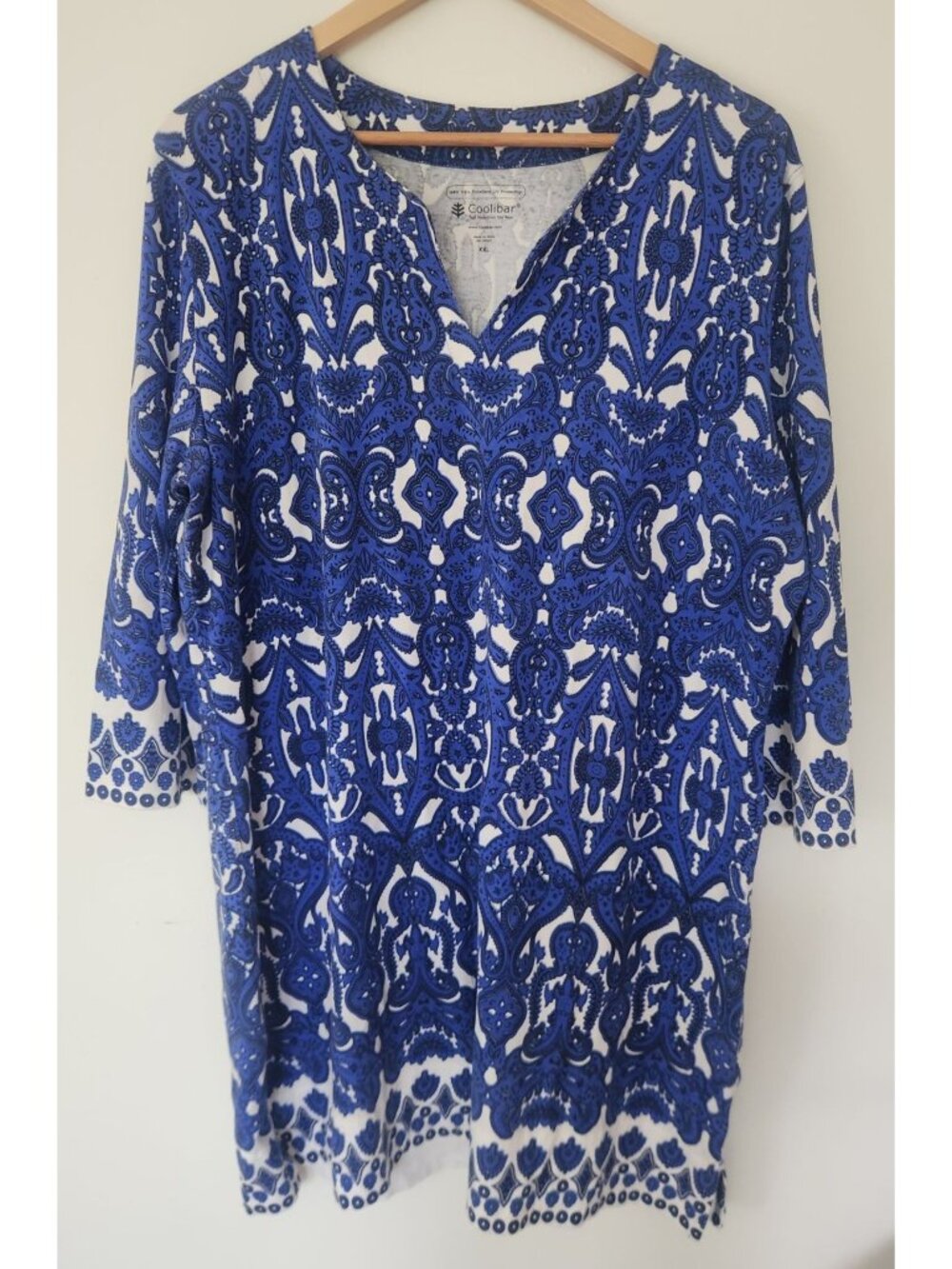 Coolibar Women's Sz XXL Blue & White Paisley Notched 3/4 Sleeve Tunic Dress